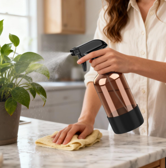 Amber glass spray bottle with a non slip protective sleeve