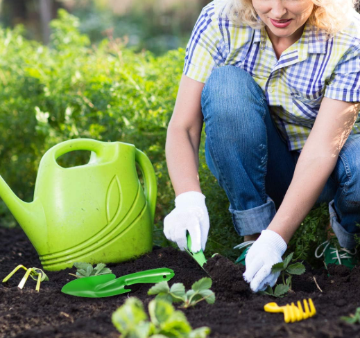 4 piece set of colorful mini metal gardening trowels, for digging in loose soil and planting