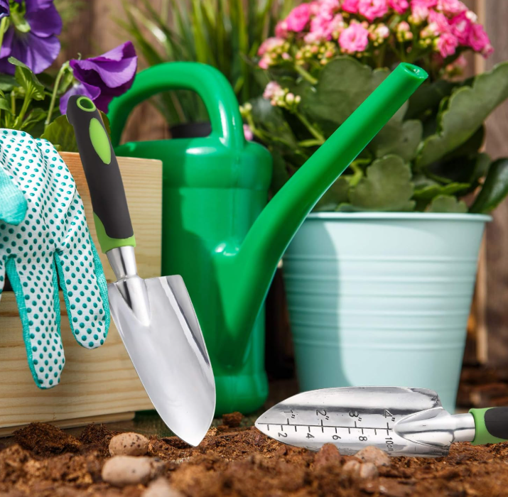 Aluminum alloy transplanting trowel with measurement markings and a non slip handle