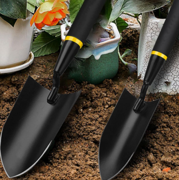 2 piece set of carbon steel gardening trowels with non slip rubber handles