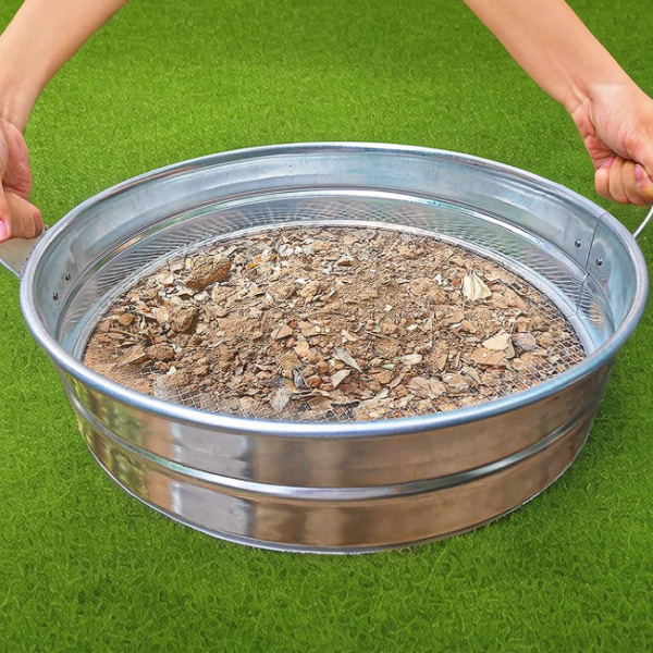 Large sized garden soil sieve with handle, suitable for screening compost, soil, gravel, and fallen leaves