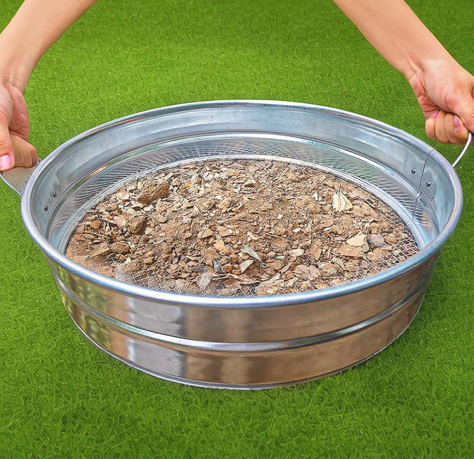 Large sized garden soil sieve with handle, suitable for screening compost, soil, gravel, and fallen leaves