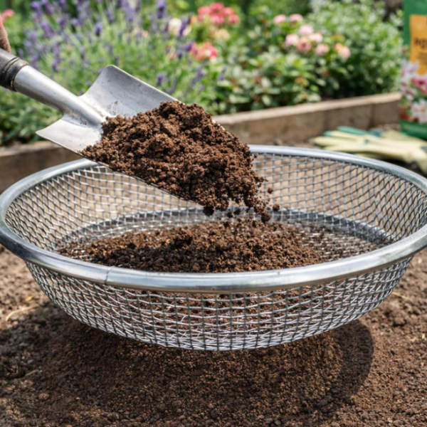 5 piece round garden sieve set for grading soil, compost, sand, and crushed stone