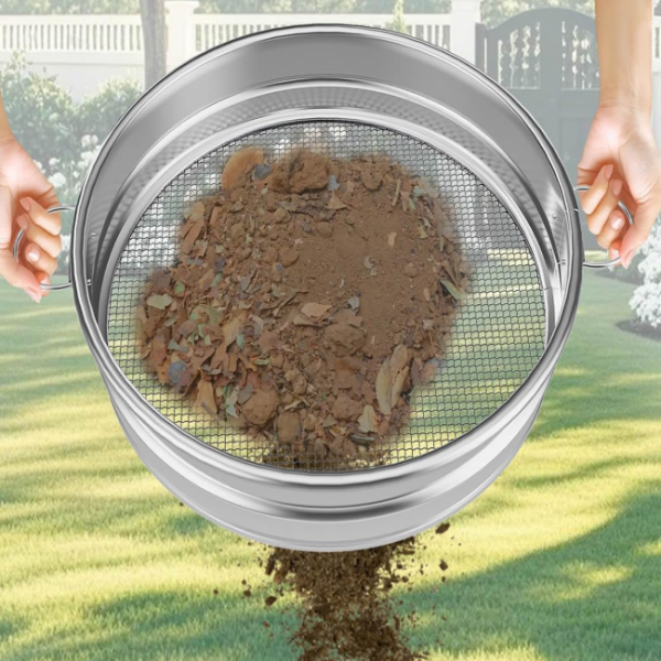 Large metal soil sieve with handle, suitable for filtering garden soil, compost, and gravel