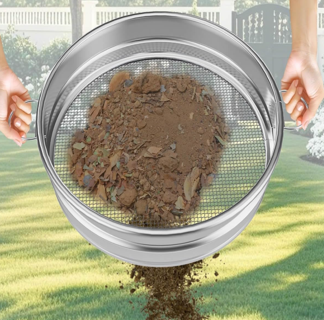 Large metal soil sieve with handle, suitable for filtering garden soil, compost, and gravel