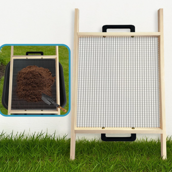 Rectangular large format garden sieve for screening soil, fallen leaves, gravel, and compost