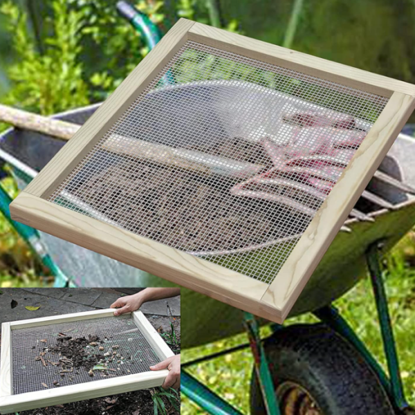 Wooden framed garden soil sieve for filtering compost, peat, and potting soil