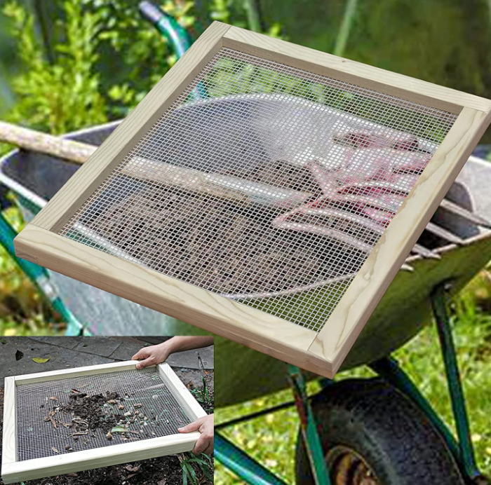Wooden framed garden soil sieve for filtering compost, peat, and potting soil
