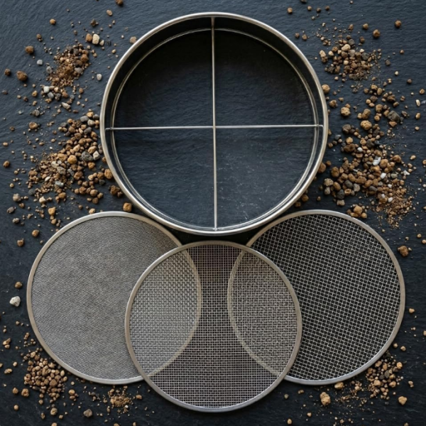 4 piece round stainless steel garden sieve set, featuring 3 interchangeable screens