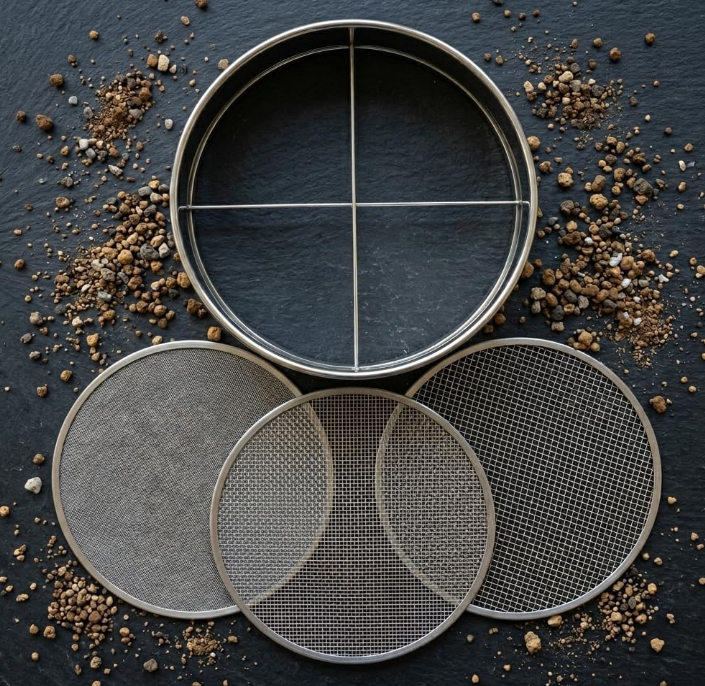 4 piece round stainless steel garden sieve set, featuring 3 interchangeable screens