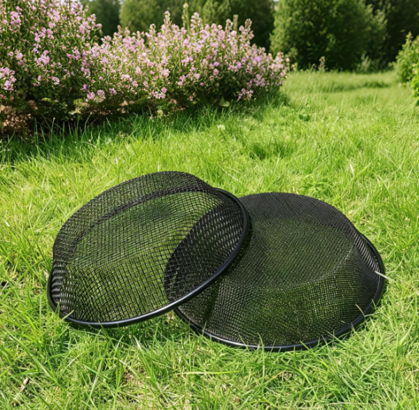 2 piece stainless steel fine soil sieve set, designed for filtering soil, sand, gravel, and compost (fits over buckets)
