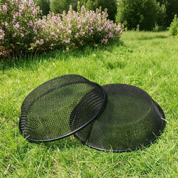 2 piece stainless steel fine soil sieve set, designed for filtering soil, sand, gravel, and compost (fits over buckets)